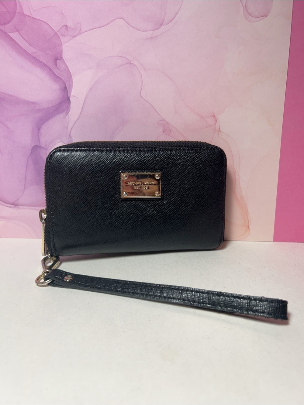 Michael Kors Black Saffiano Leather Zip Around Wristlet Wallet with Gold Plaque